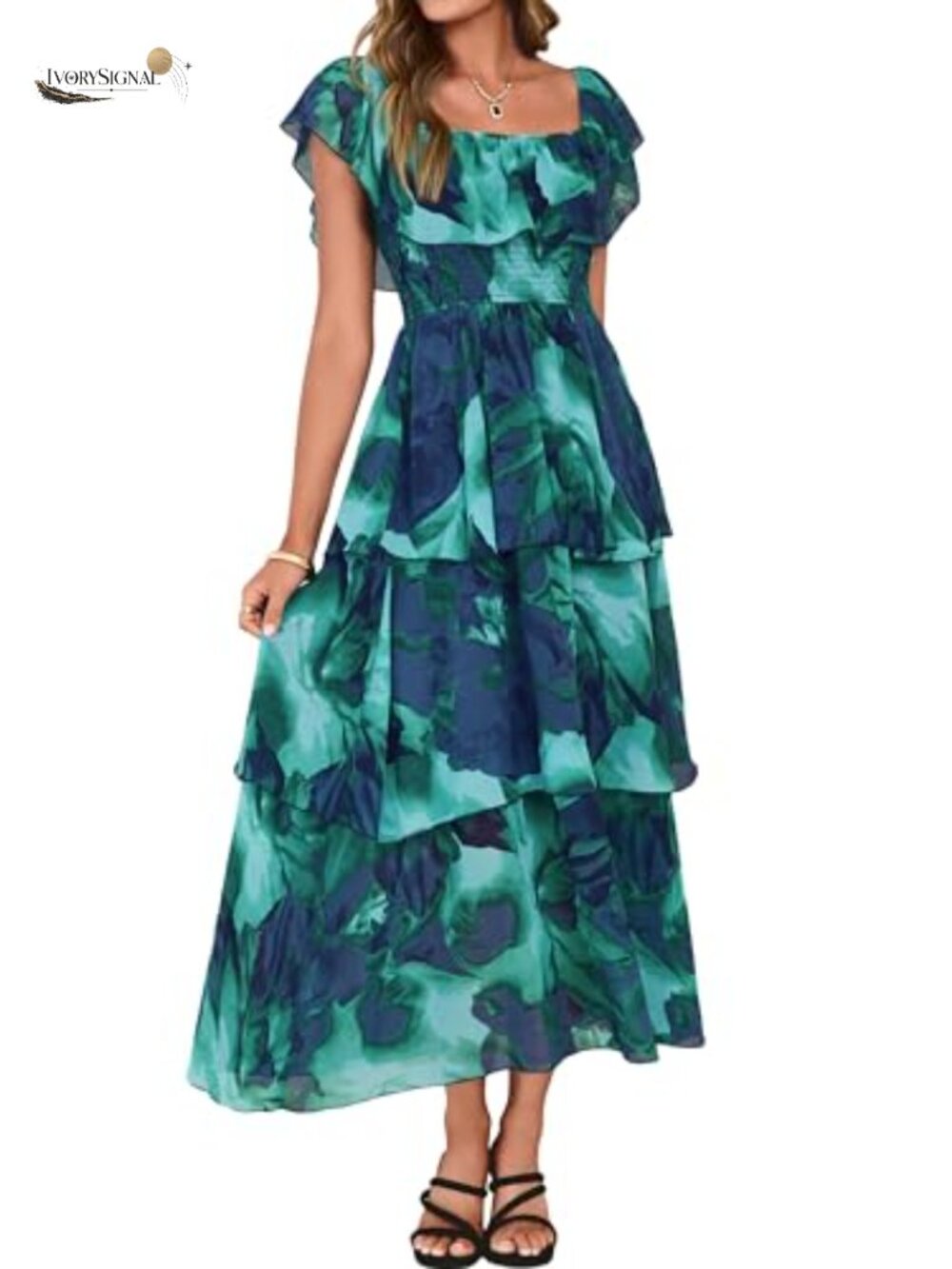 Floral Chiffon Off Shoulder Smocked Tiered Flowy Maxi Wedding Guest Dress